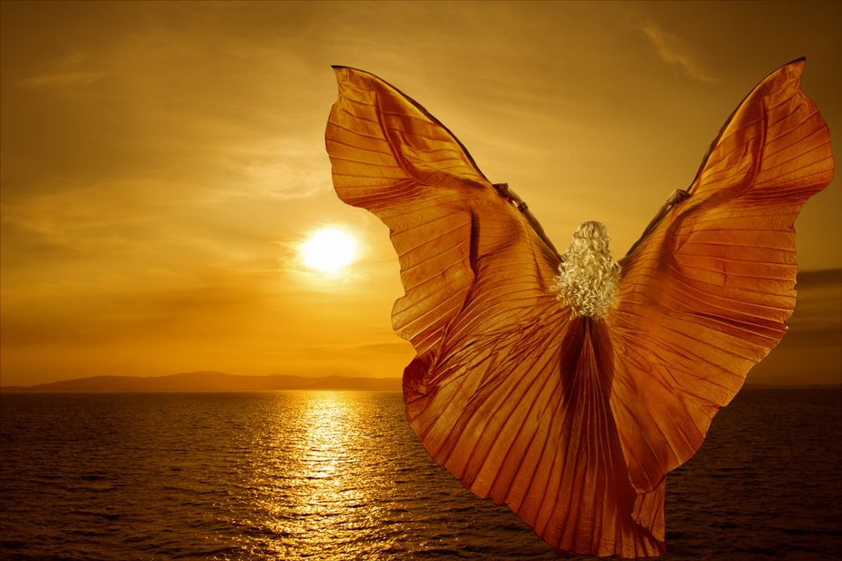 Frau mit Flügeln vor Sonnenuntergang