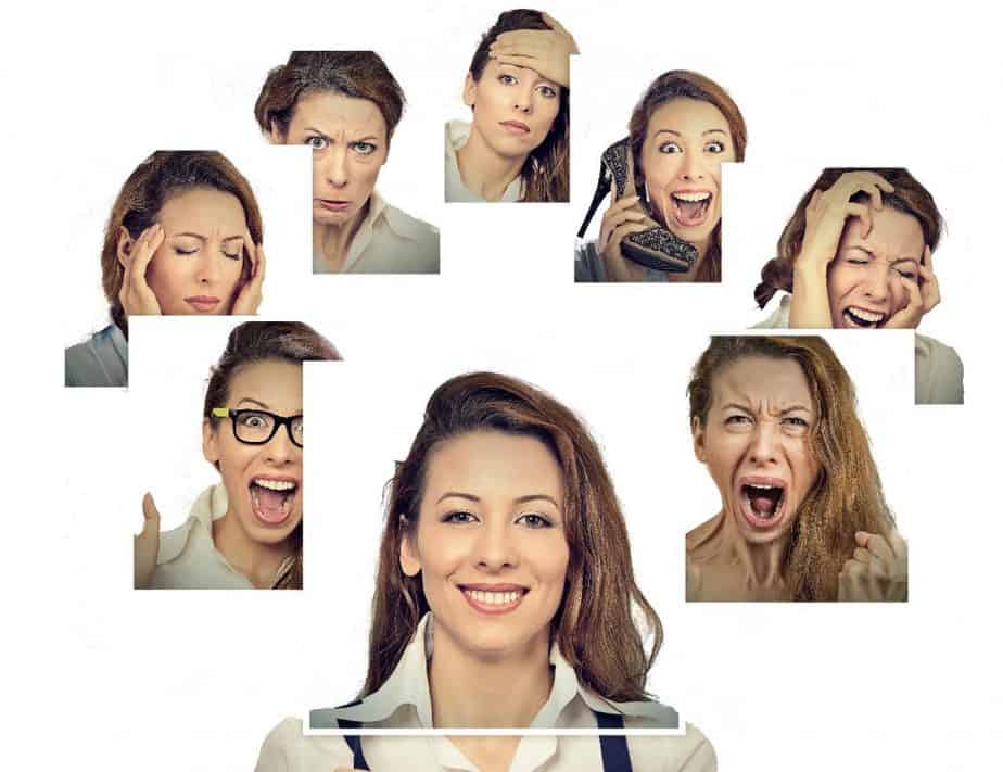 Frau mit innerem Team, verschiedene Emotionen.