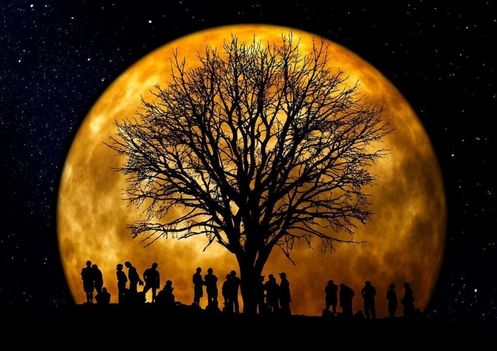 Baum, Menschenmenge und Vollmond