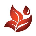 Logo: Rote stilisierte Blätter und Tropfen