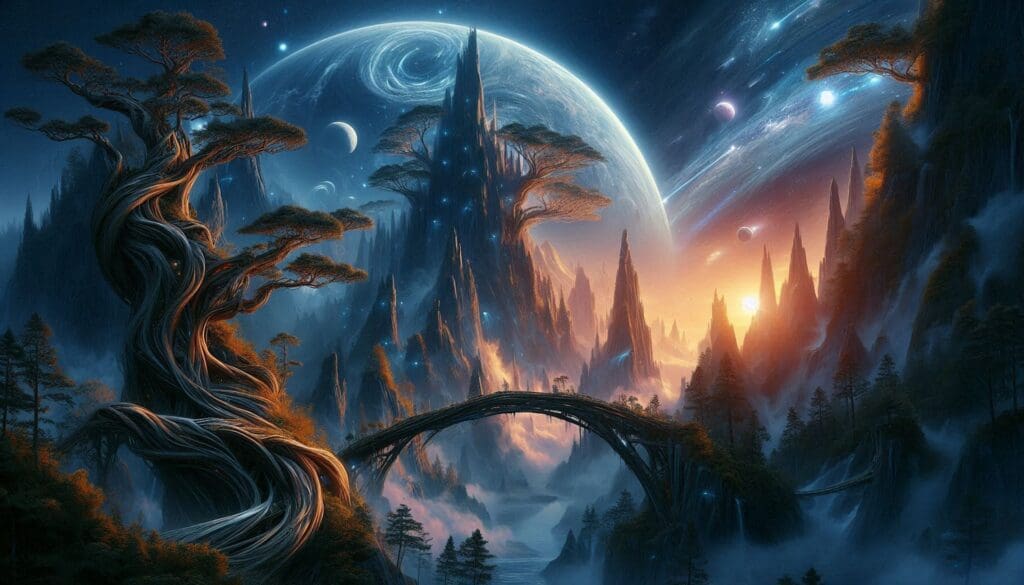Fantastische Landschaft unter einem riesigen Planeten.