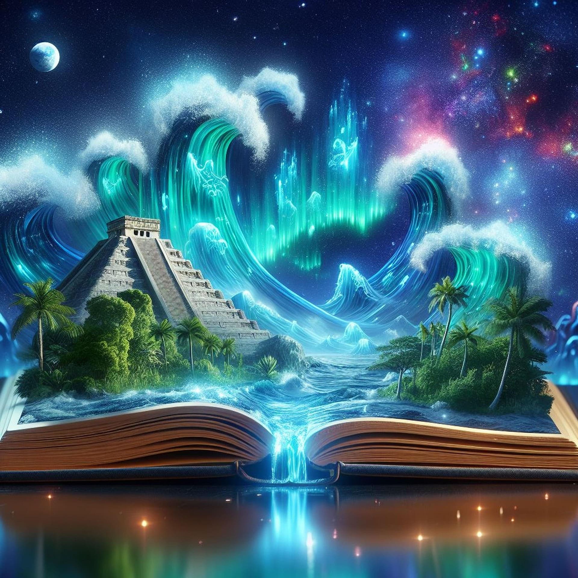 Pyramide, Wellen und Sternenhimmel aus einem Buch