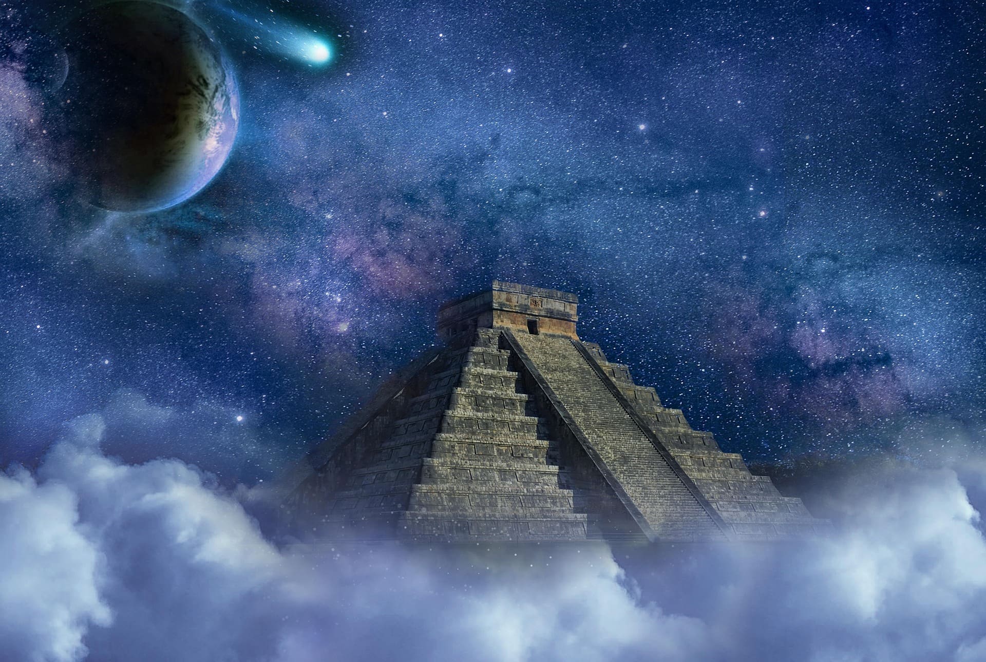 Maya-Pyramide unter Sternenhimmel mit Planet und Komet