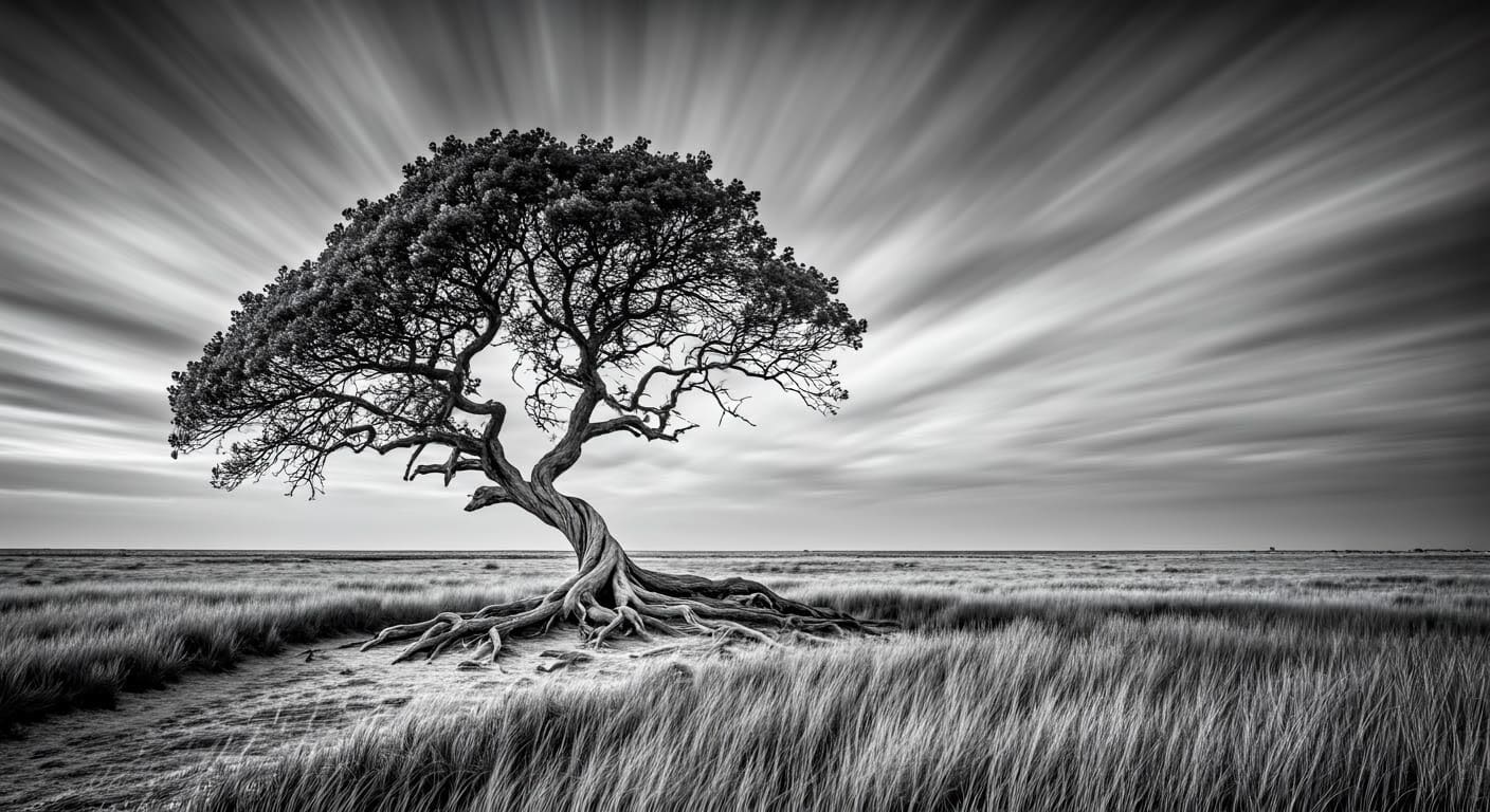 Einsamer Baum in stürmischer Landschaft.