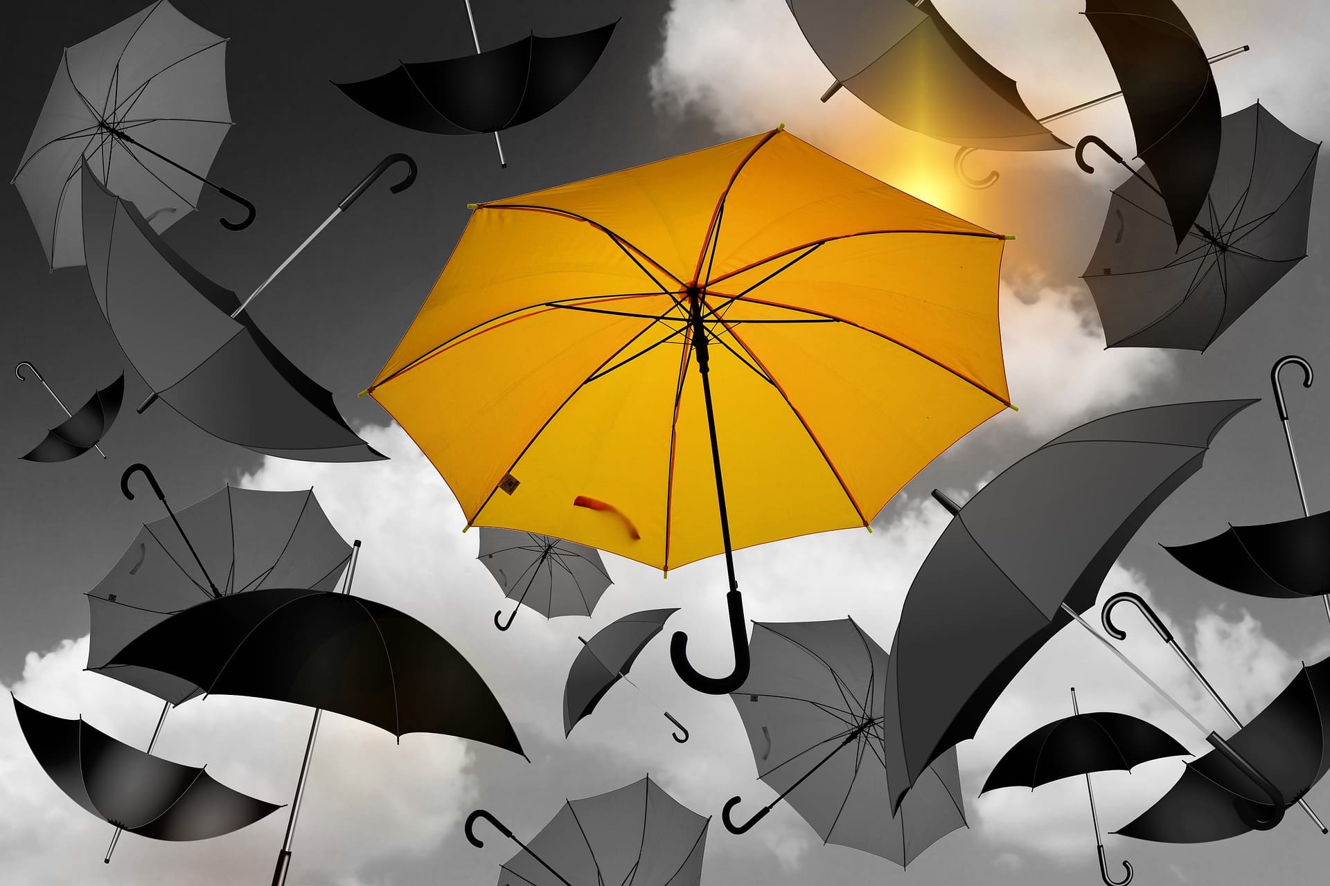 Gelber Regenschirm inmitten grauer Regenschirme