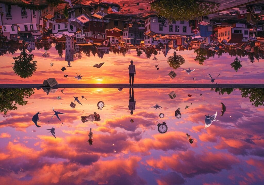 Mann steht zwischen Himmel und umgekehrter Stadt.