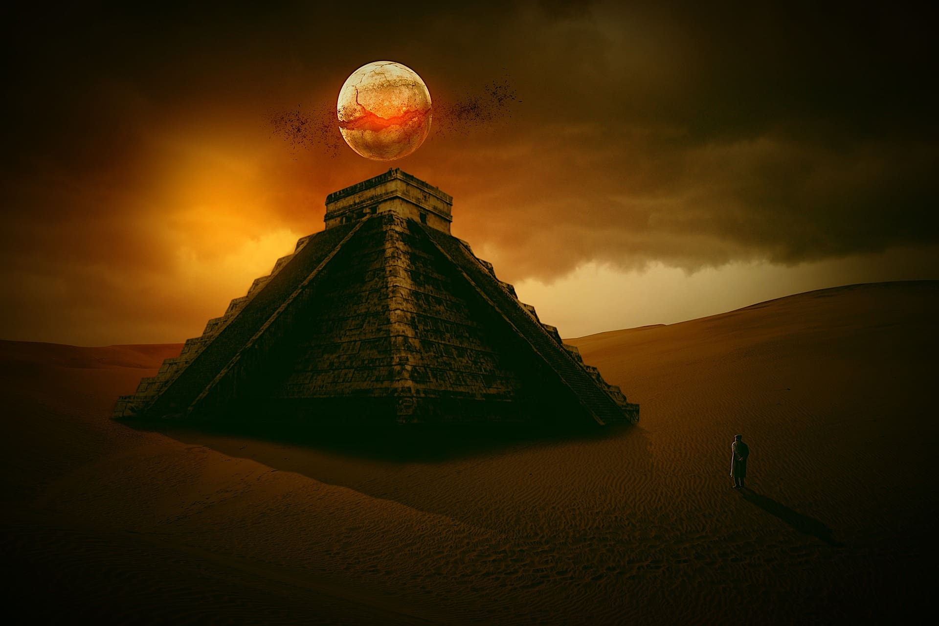 Pyramide in der Wüste unter einem leuchtenden Himmelskörper.