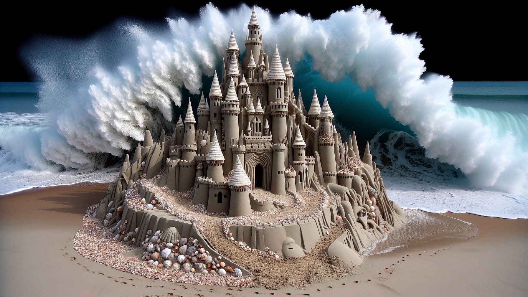 Sandburg am Strand, bedroht von einer Welle.