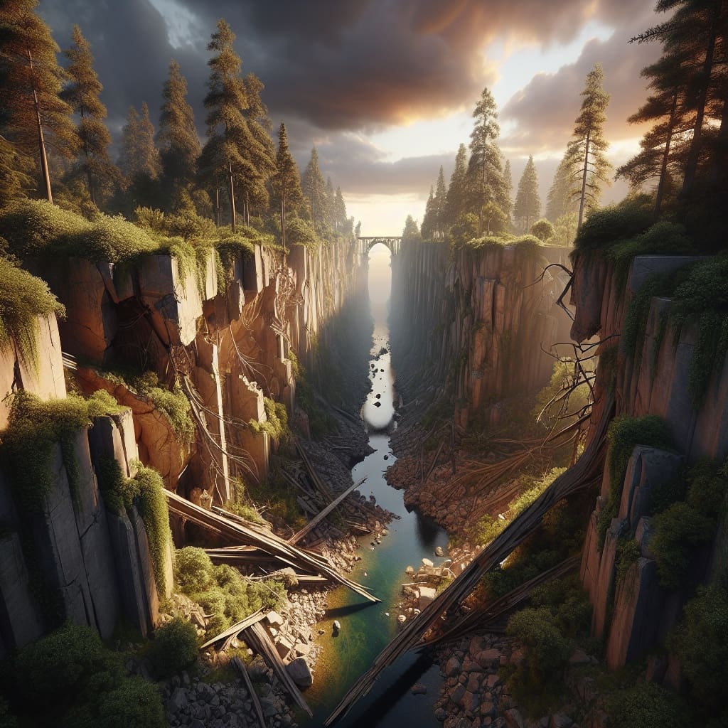 Tiefer Canyon mit Fluss und Brücke im Hintergrund.