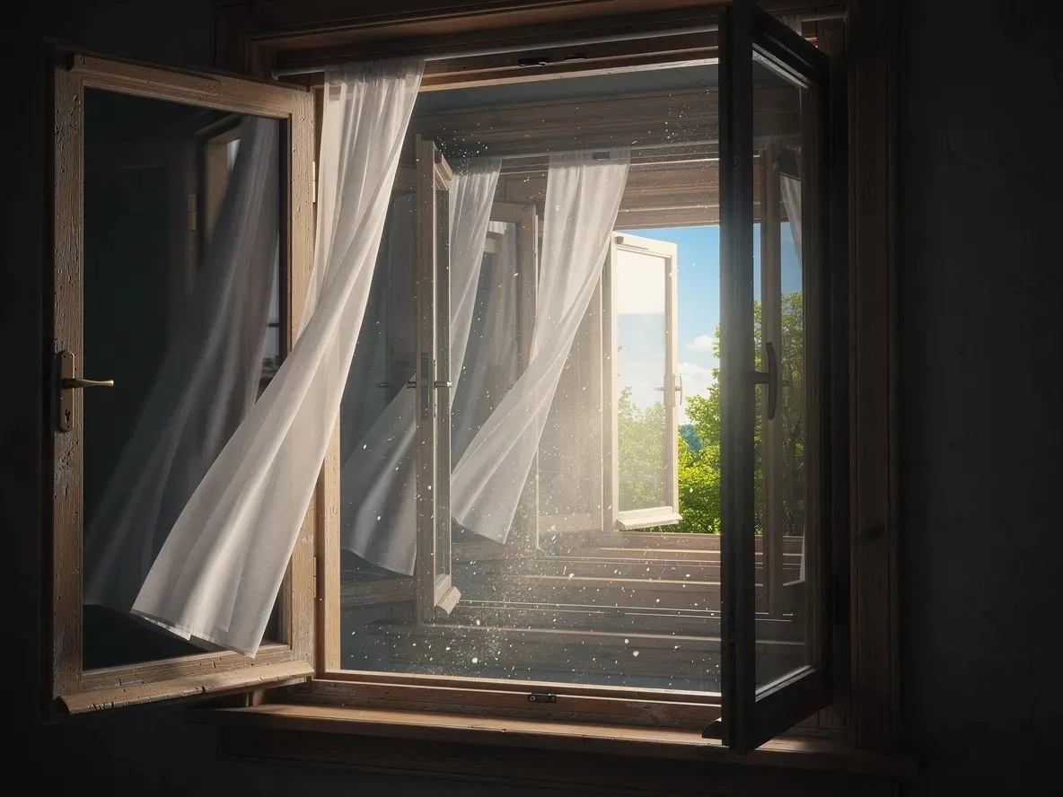 Offenes Fenster mit wehenden Vorhängen.