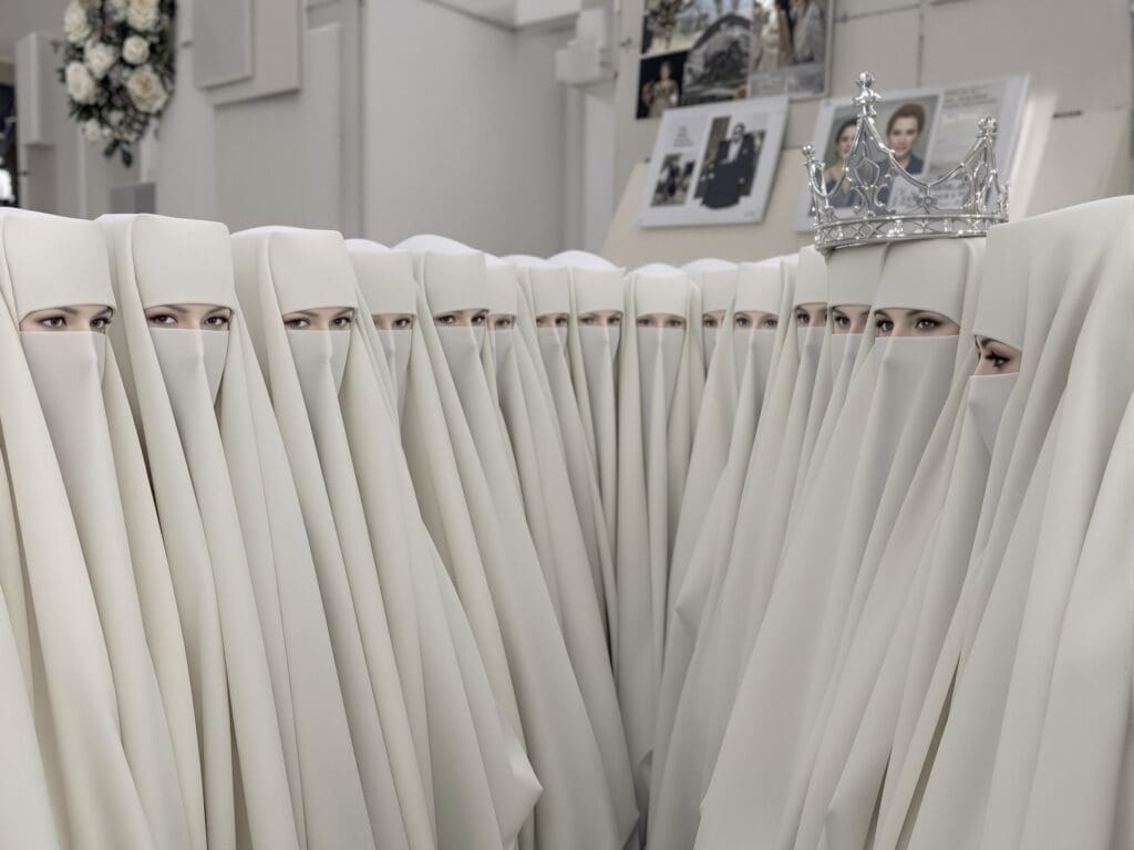 Gruppe Frauen in weißen Gewändern, eine mit Krone. Wahres Selbst Konzept.