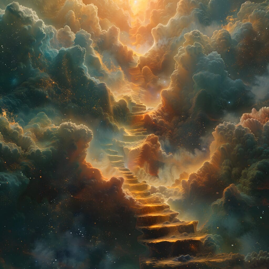 Treppe durch Wolken zum Licht.