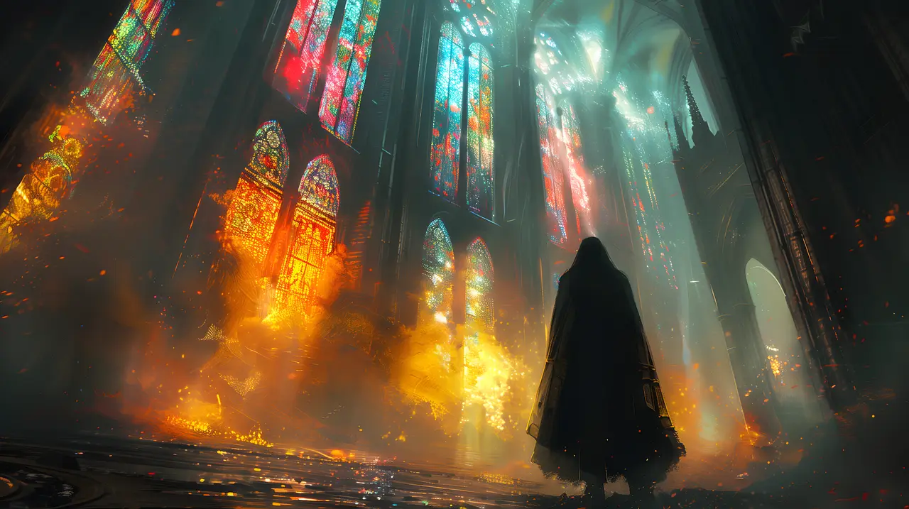 Dunkle Gestalt in zerstörter Kathedrale mit Buntglasfenstern.