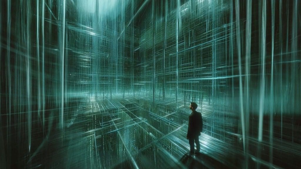 Mann steht in einem futuristischen Labyrinth.