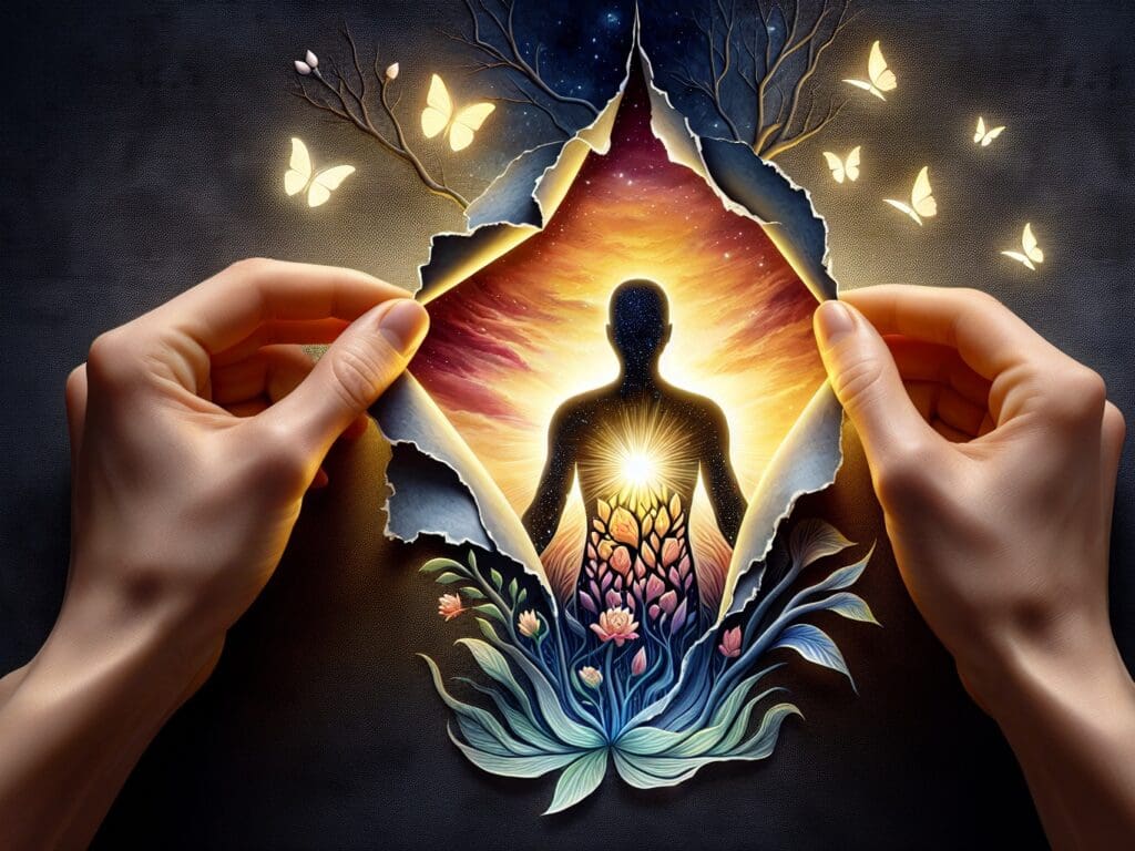 Hände öffnen Riss in der Realität, enthüllen Silhouette und spirituelle Energie. Wahres Selbst.