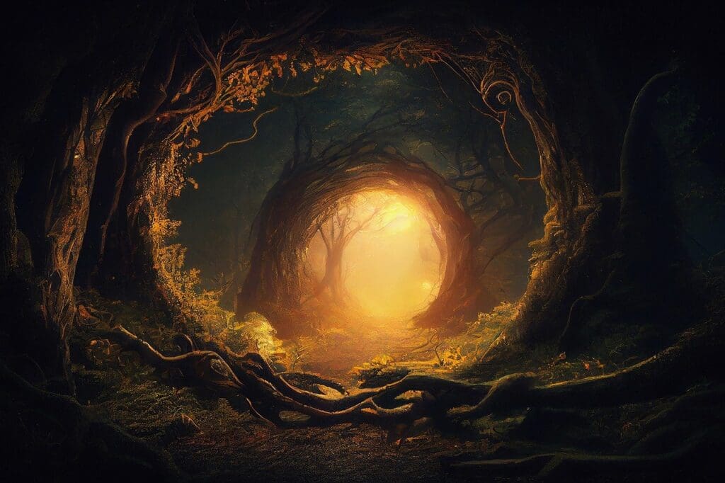 Mystischer Waldtunnel mit hellem Licht